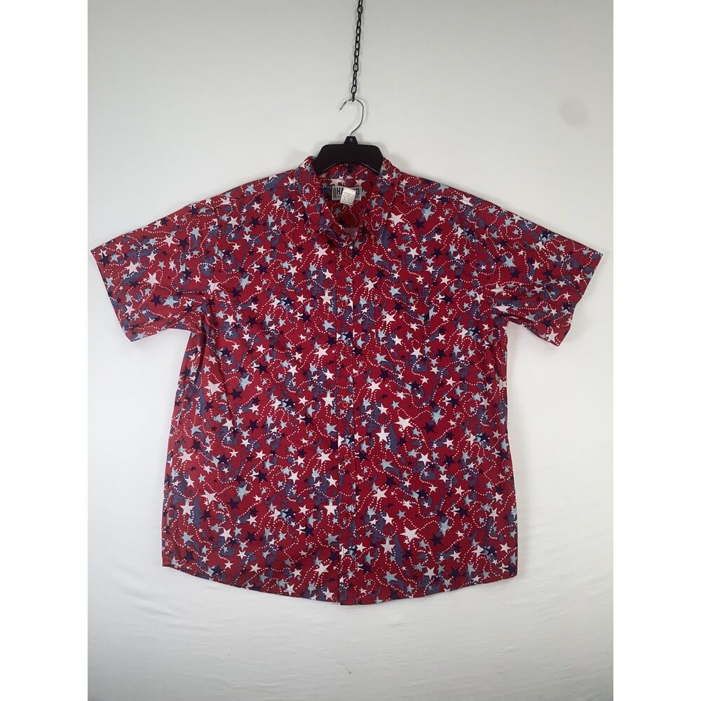 Haband Shirt Mens Large Red Patriotic Stars Short Sleeve Button Up USA Casual